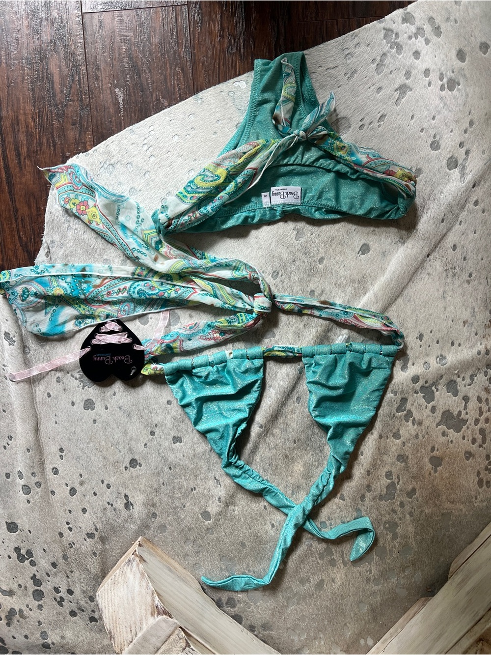 NWT Beach Bunny Shimmery Teal Women's Two-Piece Bikini with Paisley Tie Accents